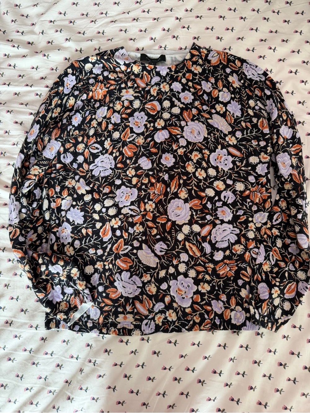 Ann Taylor Black Floral Crewneck Sweater with Lavender and Rust Blooms